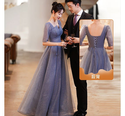 Gown Short-Sleeve Mesh A-Line Evening Notched