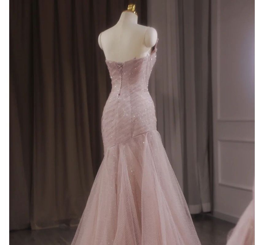 Strapless Mesh Trained Mermaid Evening Gown