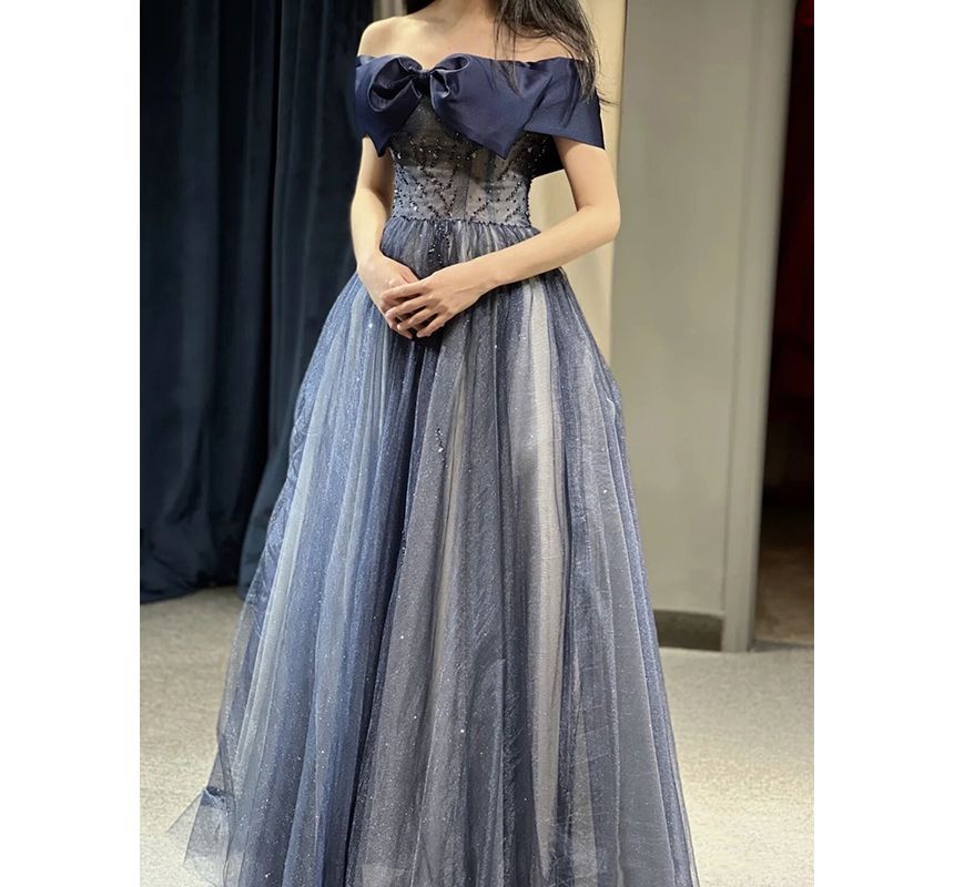 A-Line Off Waist Gown Evening Corset Shoulder