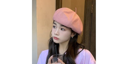 Plain Faux Leather Beret Hat