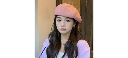 Plain Faux Leather Beret Hat