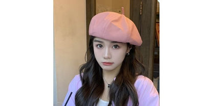 Plain Faux Leather Beret Hat