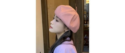 Plain Faux Leather Beret Hat