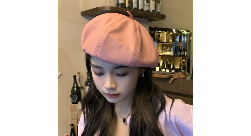 Plain Faux Leather Beret Hat