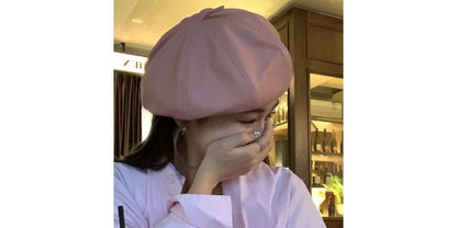 Plain Faux Leather Beret Hat