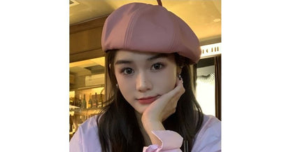 Plain Faux Leather Beret Hat