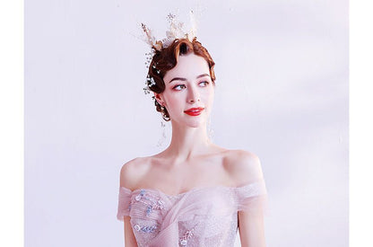 Off-Shoulder Floral Glitter A-Line Evening Gown