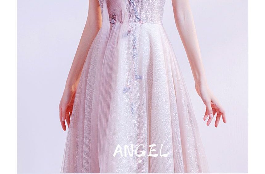 Off-Shoulder Floral Glitter A-Line Evening Gown