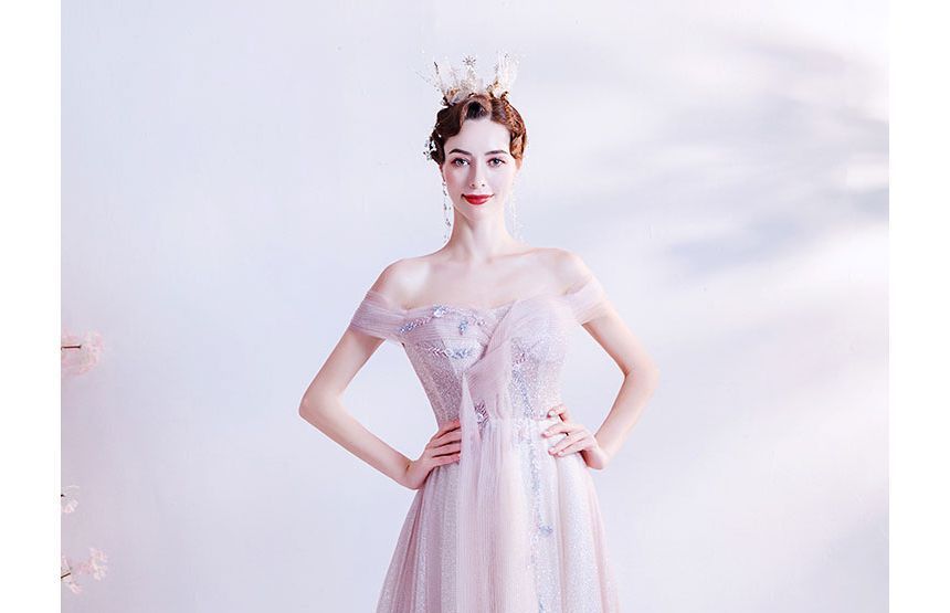 Off-Shoulder Floral Glitter A-Line Evening Gown