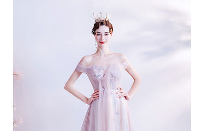 Off-Shoulder Floral Glitter A-Line Evening Gown