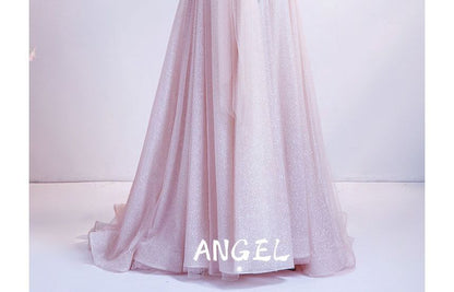 Off-Shoulder Floral Glitter A-Line Evening Gown