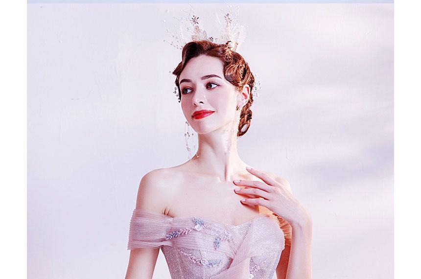 Glitter Floral A-Line Gown Evening Off-Shoulder