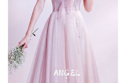 Glitter Floral A-Line Gown Evening Off-Shoulder