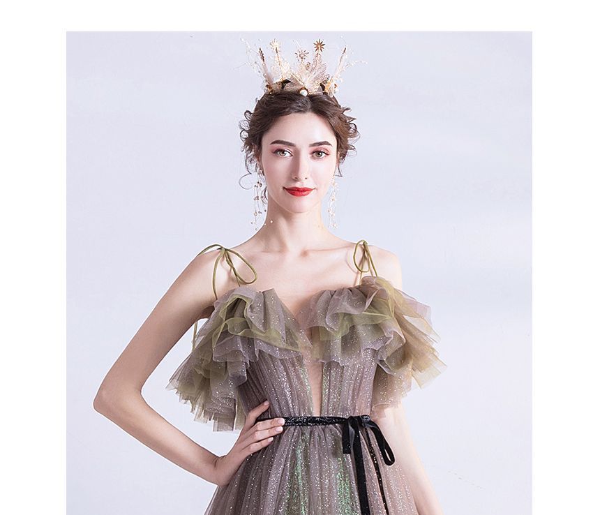 Evening Gradient Glitter Mesh Gown Strap A-Line Spaghetti