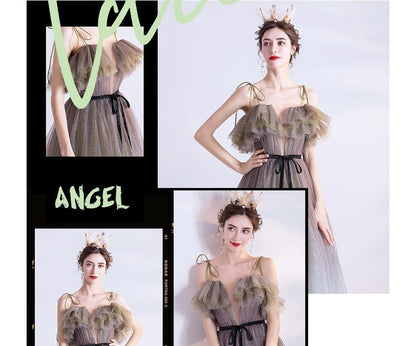 Evening Gradient Glitter Mesh Gown Strap A-Line Spaghetti