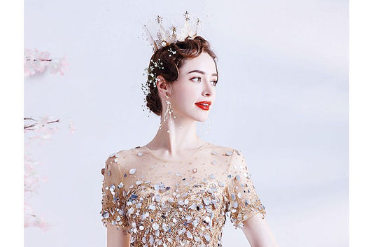 Short-Sleeve Crew Neck Sequin Mesh A-Line Evening Gown