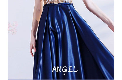 A-Line Mesh Neck Gown Crew Evening Sequin Short-Sleeve