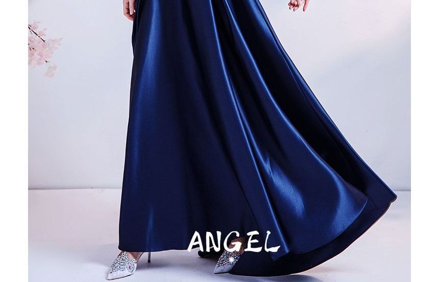 A-Line Mesh Neck Gown Crew Evening Sequin Short-Sleeve