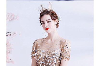 A-Line Mesh Neck Gown Crew Evening Sequin Short-Sleeve