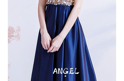 Short-Sleeve Crew Neck Sequin Mesh A-Line Evening Gown