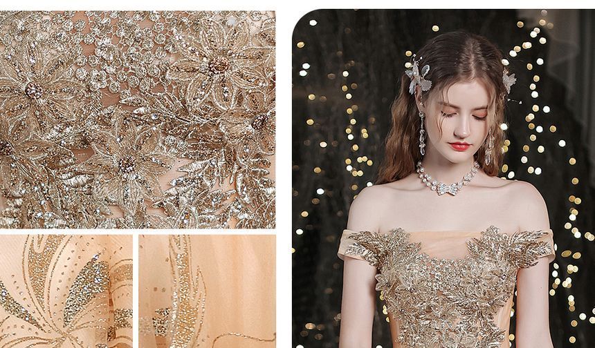 Off-Shoulder Gown Sequin Evening A-Line Floral