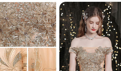 Off-Shoulder Floral Sequin A-Line Evening Gown