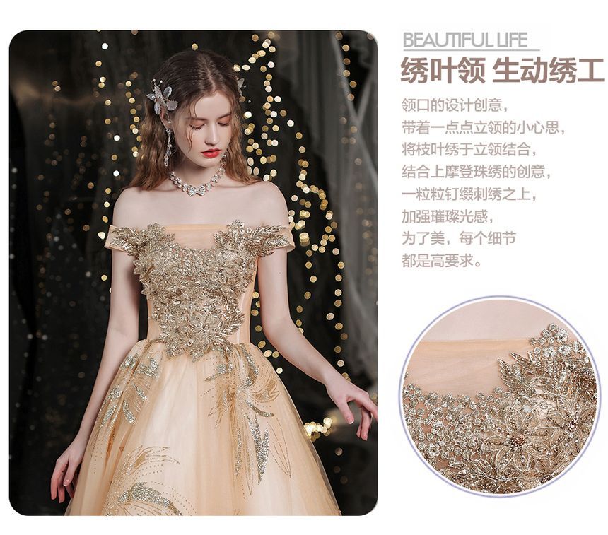 Off-Shoulder Gown Sequin Evening A-Line Floral