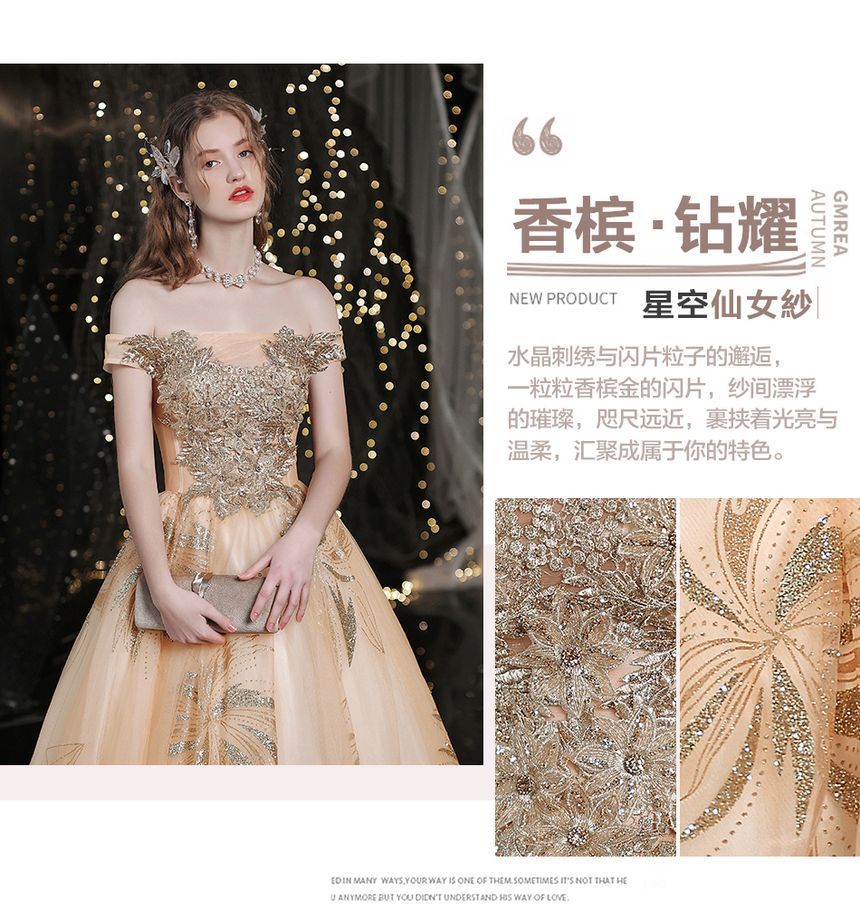 Off-Shoulder Floral Sequin A-Line Evening Gown