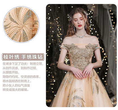 Off-Shoulder Gown Sequin Evening A-Line Floral