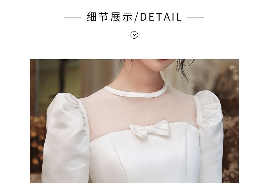 Neck Wedding Puff-Sleeve A-Line Crew Mesh Panel Gown Bow