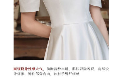 Neck Wedding Puff-Sleeve A-Line Crew Mesh Panel Gown Bow