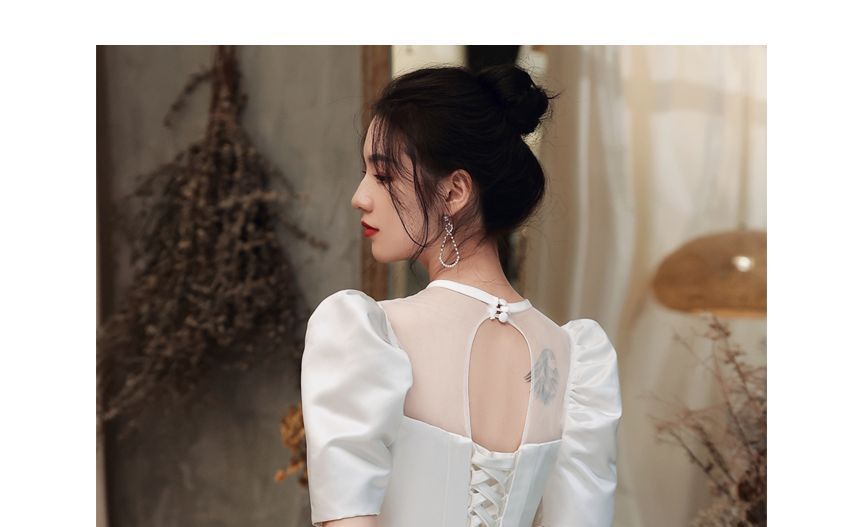 Neck Wedding Puff-Sleeve A-Line Crew Mesh Panel Gown Bow