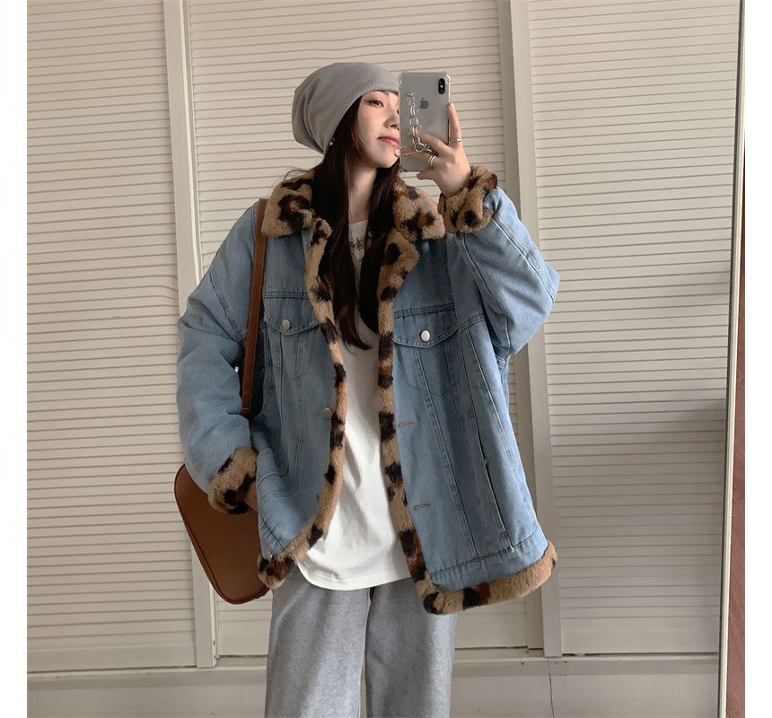 Leopard Fluffy Button-Up Denim Jacket Print