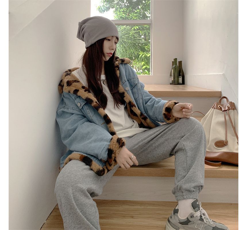 Leopard Fluffy Button-Up Denim Jacket Print