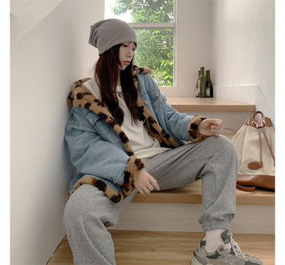 Leopard Fluffy Button-Up Denim Jacket Print
