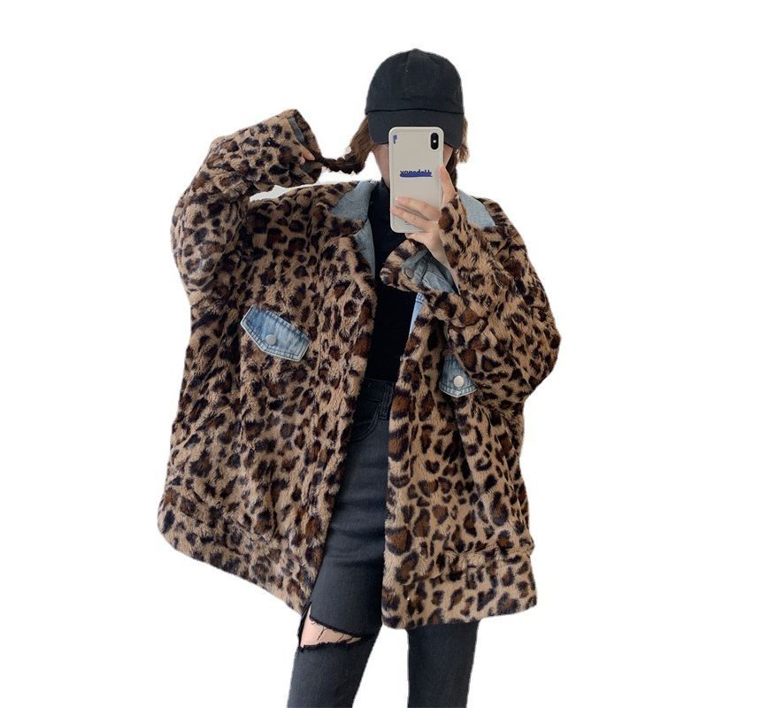 Leopard Fluffy Button-Up Denim Jacket Print