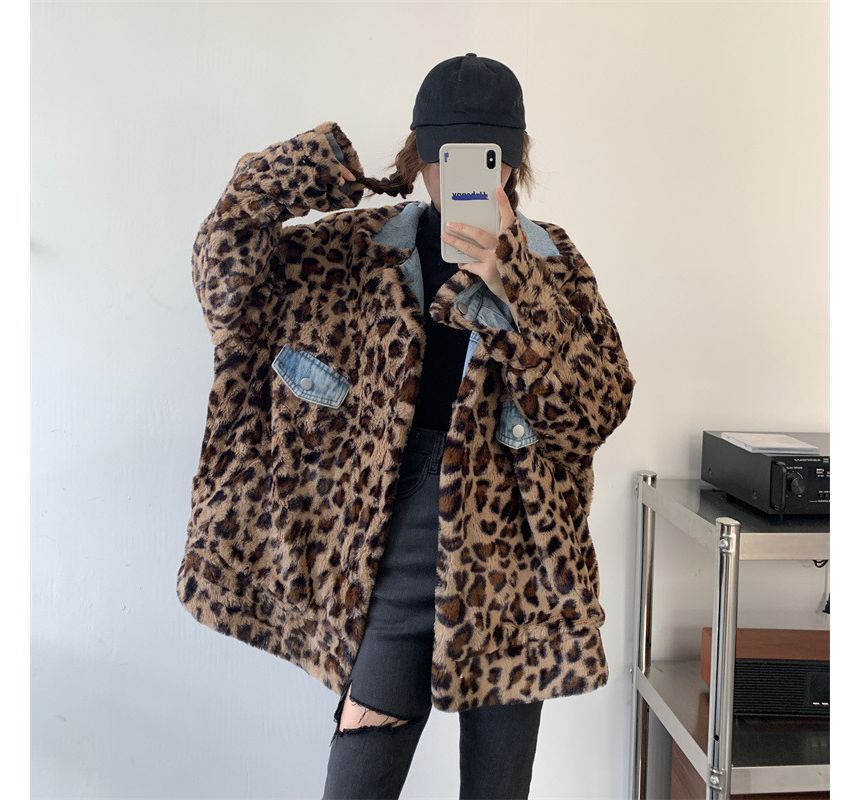 Leopard Fluffy Button-Up Denim Jacket Print