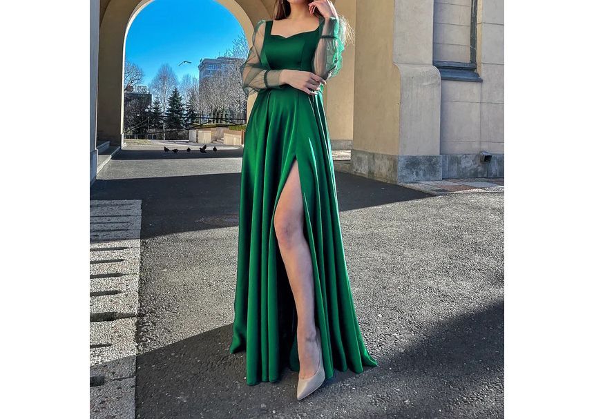 Puff-Sleeve Square Neck Plain Mesh Panel A-Line Evening Gown