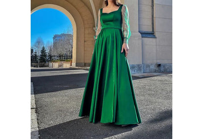 Puff-Sleeve Square Neck Plain Mesh Panel A-Line Evening Gown