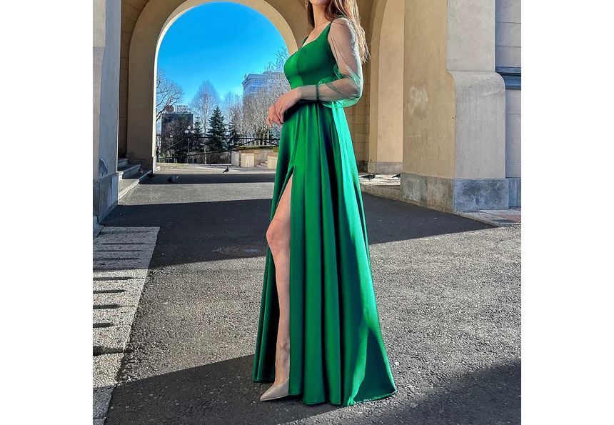 Puff-Sleeve Square Neck Plain Mesh Panel A-Line Evening Gown