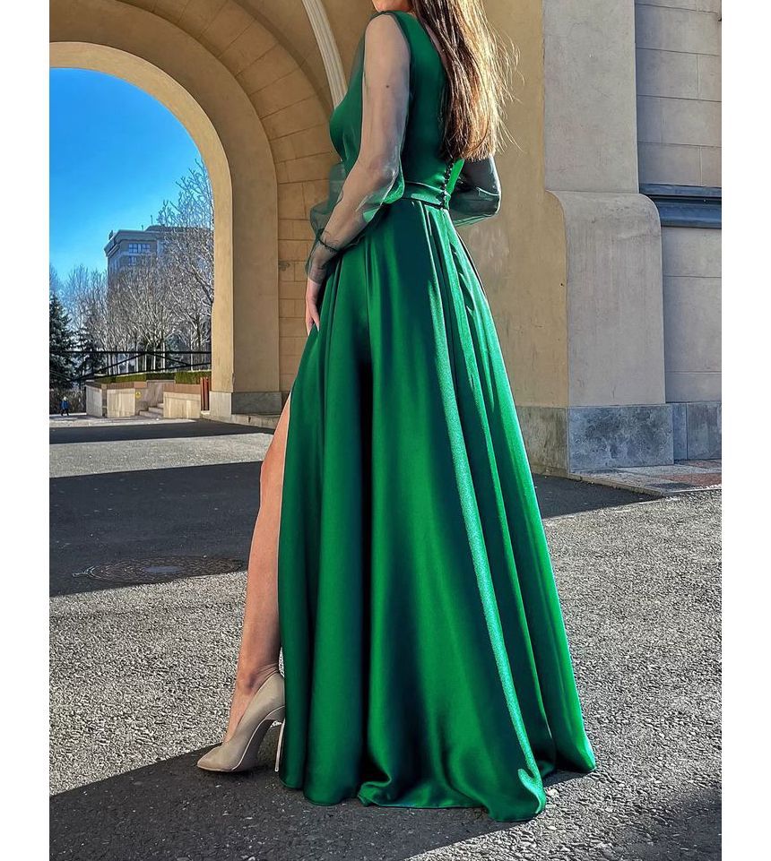 Puff-Sleeve Square Neck Plain Mesh Panel A-Line Evening Gown