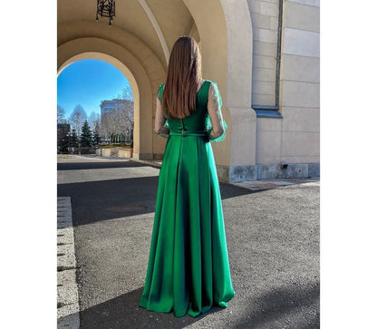 Puff-Sleeve Square Neck Plain Mesh Panel A-Line Evening Gown