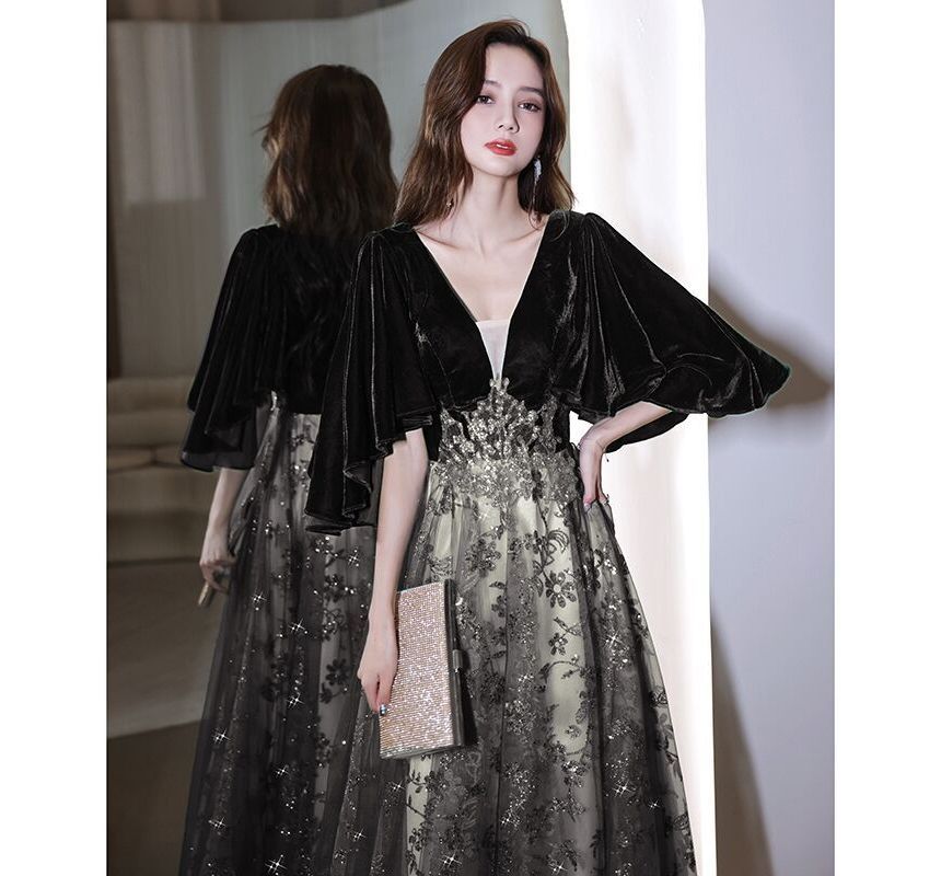 Evening Flower Embroidered Gown A-Line