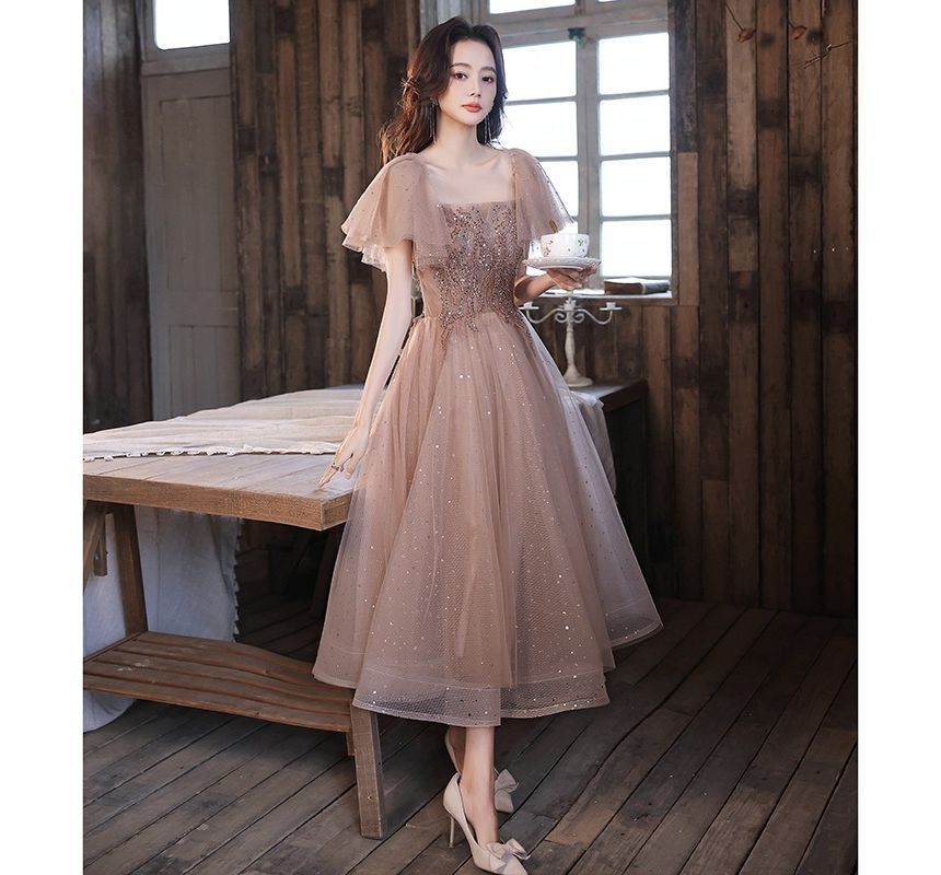 Sheer Panel Midi A-Line Cocktail Dress