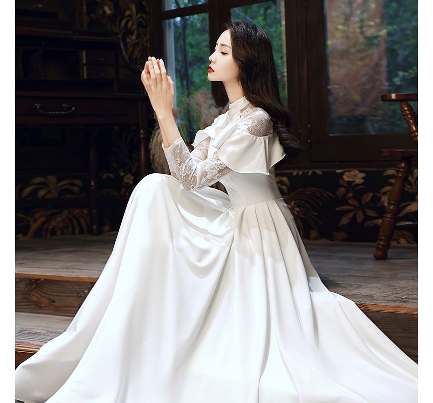 Long-Sleeve Lace Panel Ruffled A-Line Wedding Gown (Various Designs)