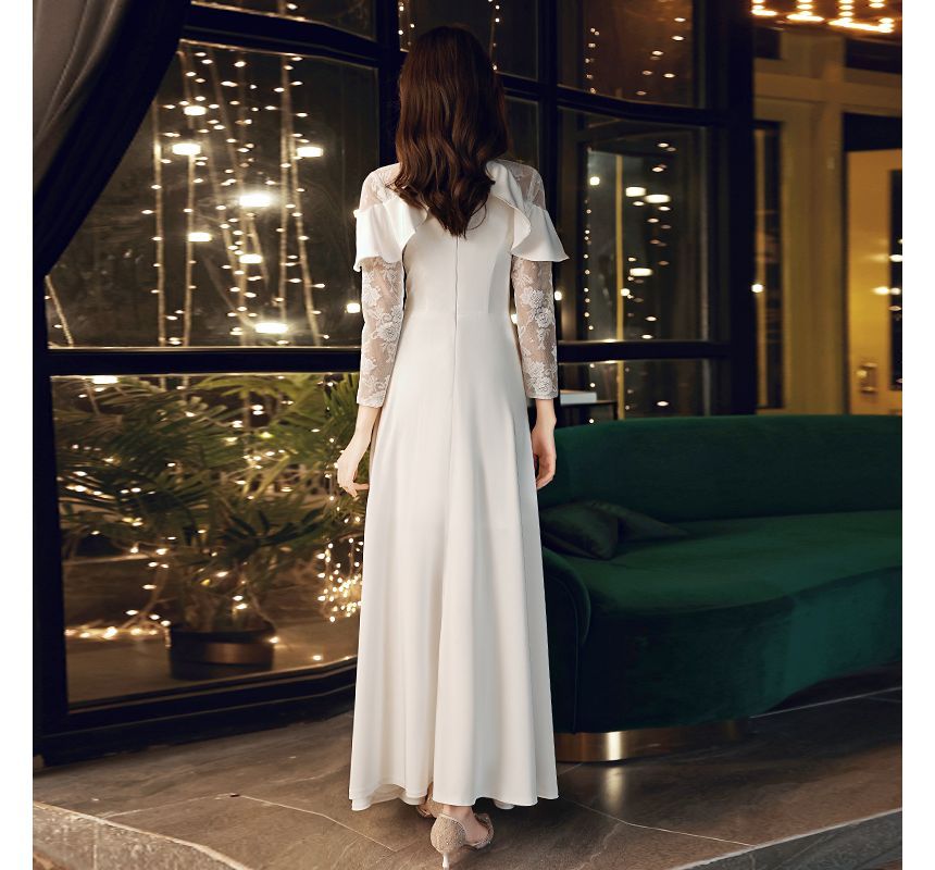 Designs) A-Line Panel Ruffled (Various Gown Wedding Lace Long-Sleeve