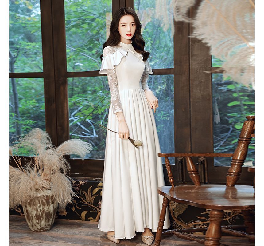Designs) A-Line Panel Ruffled (Various Gown Wedding Lace Long-Sleeve