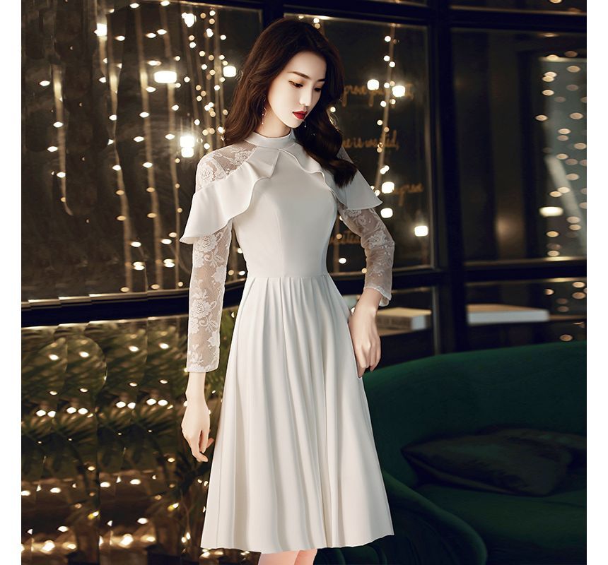 Designs) A-Line Panel Ruffled (Various Gown Wedding Lace Long-Sleeve