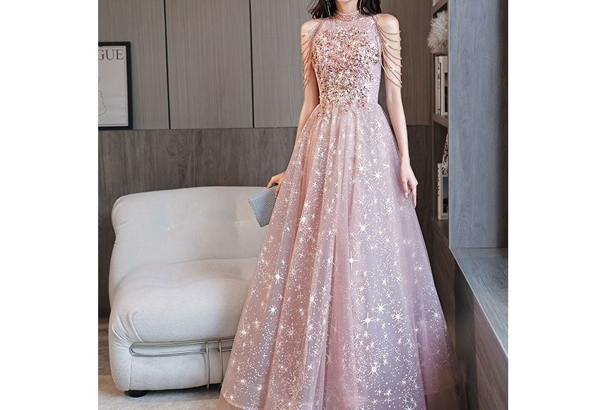 Halter-Neck Chained Star Evening Print A-Line Gown Sequined Mesh