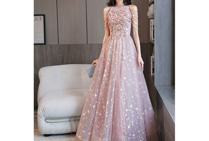 Halter-Neck Chained Star Evening Print A-Line Gown Sequined Mesh